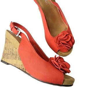 Aerosoles Platform Wedge Sandals Women 8.5 Red Tan Shoes Open Toe Flower Formal